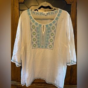 J. Jill White Tunic with Blue and Yellow Embroidery Size 2X